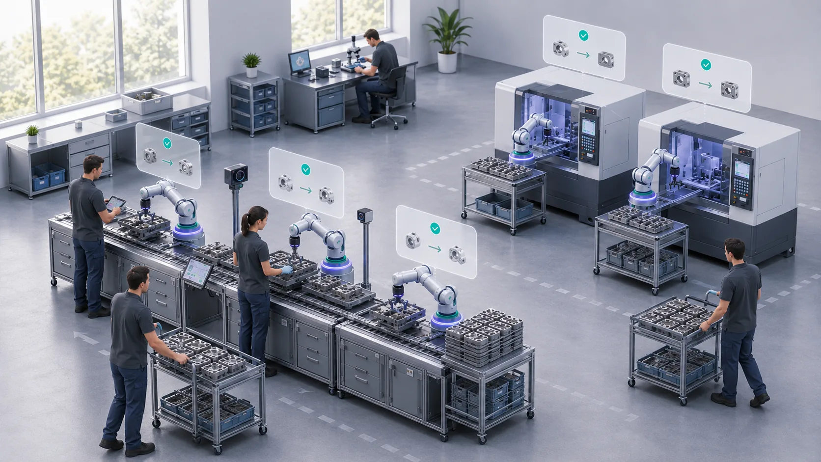 CNC + assembly · cobots around existing equipment