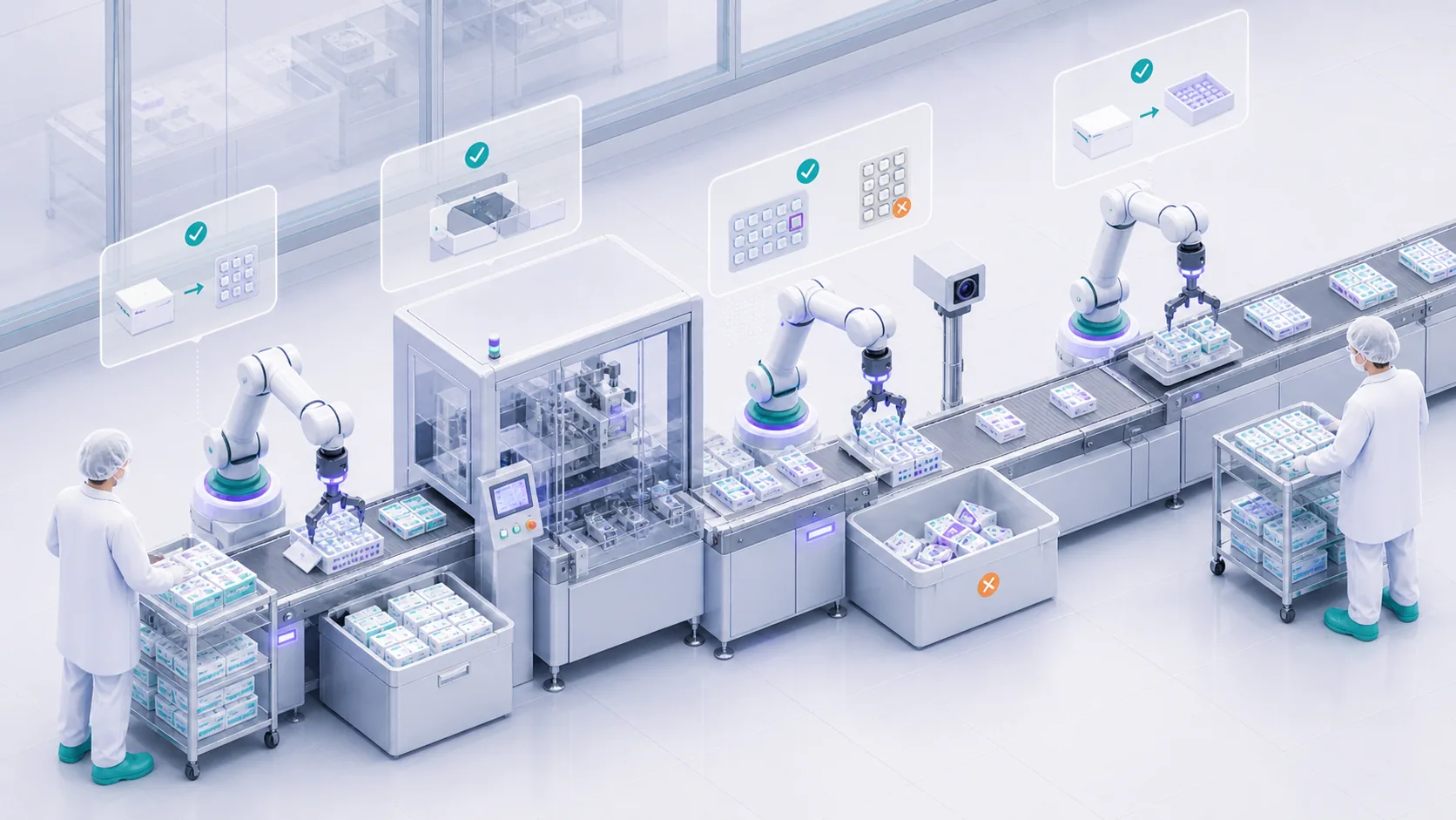 Cleanroom packaging line · cobot triplet · GMP cell